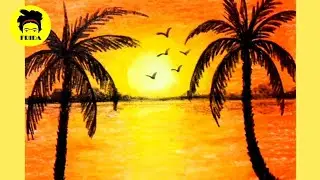How To Draw Easy Sunset Scenery With Oil Pastels Step By Step For Beginners | Drawing Tutorial
