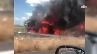 Devrilen tır alev aldı!