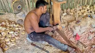 Skilled Carpenter Fast Making Ashtray With His Creativity. Wood Carving Art
