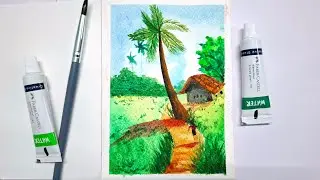 Day 20/50 - Village Scenery Watercolor painting with Fabercastell Paints | Artistcastle_by_sri