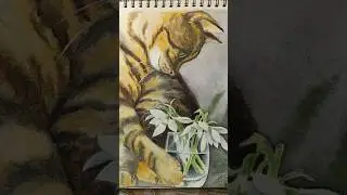 КОШЕЧКА С ПОДСНЕЖНИКАМИ/ЖИВОПИСЬ АКВАРЕЛЬЮ/