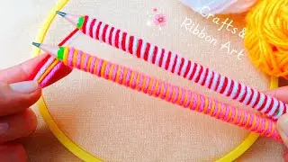It's so Cute 💖🌟 3 Minute Woolen Flower Making Idea with Pencil - Hand Embroidery Amazing Flowers