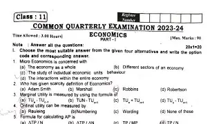 11th Economics Quarterly Exam Original Govt Question paper Chennai District Answer Key 2023-2024