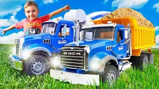 Funny Stories about Bruder - Excavator JCB, Dump Truck Mack, Tractor and Concrete Mixer