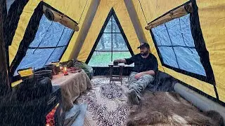 Solo Camping in Heavy Rain; Winter Bushcraft Tent Camp - Wood Stove Cooking. Relaxing, Asmr