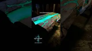 Glow in the dark Estuary table, Teal epoxy & live edge Maple 