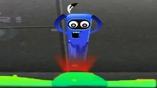 Blue robot and a red square in the game for children Robostory