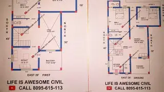26 × 43 East Face Duplex 3 Bedroom Double Height Hall house plan naksha