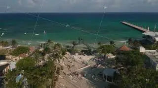Stunning seascape with the Portal Maya sculpture on the beach at Playa del Carmen, Mexico
