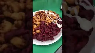 Half Red Velvet Half Classic Funnel Cake w Icing