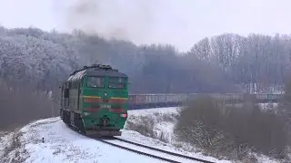 A diesel locomotive winking with one eye pulls a freight train in a snowy forest