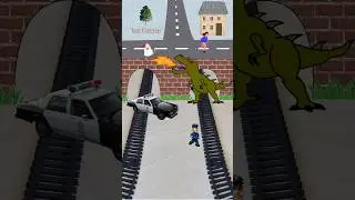 Dinosaur 🦖 is trying to eat 🐔 and Police Car is near the tunnel as the train is approaching fast