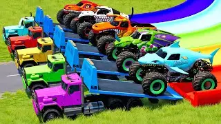 Monster Trucks Transport with 5 Car Rescue and Color Slide - BeamNG.drive