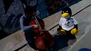 Tux listenening to chello music at Donaukanal, Vienna