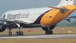 Monarch A300 A330 A321 takeoffs at Manchester Airport.