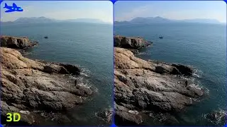 Drone 3D, Rocky Shore with extended Interaxial Separation, Magic eye, Seacoast, SBS, S3D.
