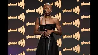 Cynthia Erivo accepts the Stephen F. Kolzak Award at the GLAAD Media Awards.