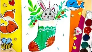 🎄Новогодний НОСОК С ЗАЙЦЕМ🐰Рисуем с детьми🎨