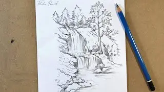 How to draw waterfall landscape scenery with pencil | Pencil Drawing
