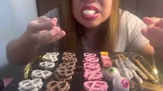 ASMR PINK, WHITE, BROWN PRETZELS AND EYE GUMMY CANDY MUKBANG