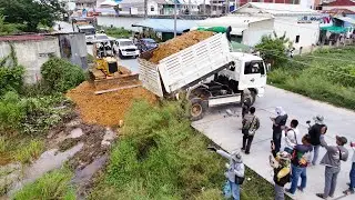 Finally Landfilling Project!! Start To 90% Processing By KOMATSU D31P Dozer With Dump Trucks Team