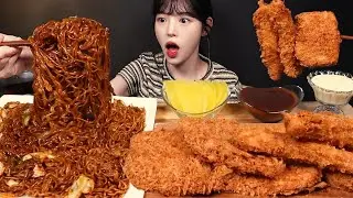 SUB)Crispy King-sized Cheese Pork Cutlet, Shrimp Fries, Spicy Buldak Yakisoba Mukbang Asmr