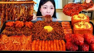 ASMR MUKBANG| 직접 만든 불닭 짜장 버섯 소세지 스팸 먹방 & 레시피 SPICY MUSHROOM AND FIRE NOODLES EATING