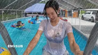 폭우⛈️에 온 몸이 흠뻑 젖‼️은날 29금부부 우중캠핑|폭염엔 수영장에서 단체로 젖어야 제맛이죠? 48시간동안 미친듯이 먹방 찍고왔어요|어반사이드 스테고 돔텐트 너무커!