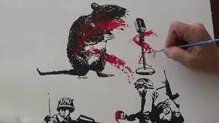 Hand Painted Blek le Rat's Rat on Screen Print of Banksy Soldiers process film.