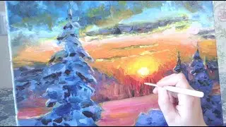 Зимний пейзаж. Процесс создания картины.