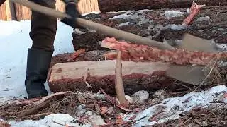 Очистка хвойного бревна от коры.