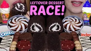 ASMR LEFTOVER DESSERT RACE! MILK & COOKIES, OREO CAKE, SWIRL ICE CREAM SUNDAE, NUTELLA, KINDER 먹방