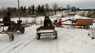 По снегу, дрифт, телега пополам, на мотоблоке.