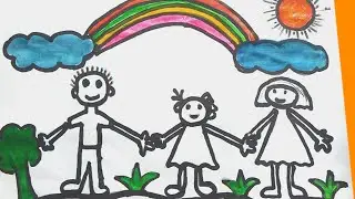 rainbow family with clouds and sun in funny scene pain || painting for you