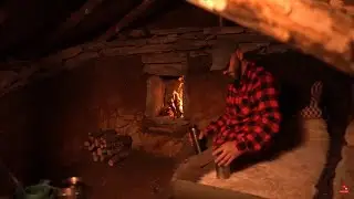 Three days caught in the rain storm. Dugout cabin build underground stone oven. Wild boar on fire