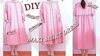 DIY Collarless Maxi Shirt Dress🌸Button Up Long Shirt Dress・手作り服 作り方・옷만들기 Sewing Tutorialㅣmadebyaya