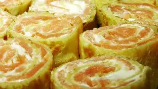 БЛИННЫЕ РУЛЕТИКИ С ЛОСОСЕМ. Красивая и вкусная закуска. Готовятся легко.