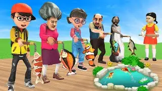 Scary Teacher 3D vs Squid Game Good Fishing Skills and Fishing Fails 5 Time Challenge MissT Vs Grany