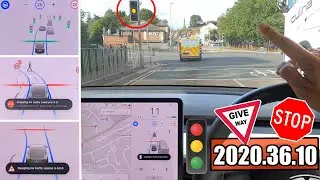 Stop/Start At TRAFFIC LIGHTS, STOP SIGNS & GIVE WAY! 🇬🇧 Tesla Autopilot 2020.36.10 Full Self Drive