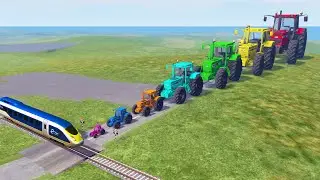 Big & Small Tractor Cars vs Train and Rail -  BeamNG.Drive 02