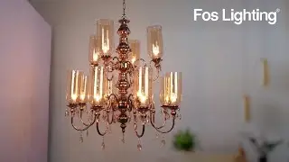 European Copper-Finish 2 Tier 12-Light Steel Chandelier With Translucent Glass Shades