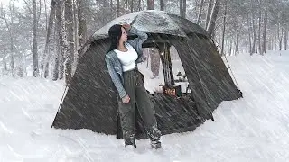 HEAVY SNOW CAMPING IN BLIZZARD WITH HOT TENT ❄️ CAMPING ASMR .