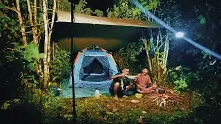 Camping-camp & fishing-set up a tent on the edge of the lake-fish and relax-stay until morning