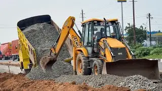 2 JCB 3DX performs work required by mason and Road Cutting Spread Small Stone for New Fuel Station