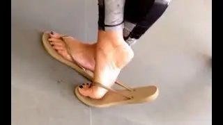 CANDID FEET ~ CUSTOMER IN SHOP ~ MATURE SLIM LADY IN FLIP FLOPS