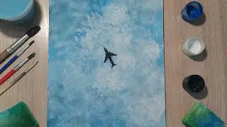 Самолет в небе. Техника рисования губкой! Простой рисунок гуашью