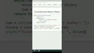 Convert Decimal to Binary In Python #python #coding #python #code #pythontricks #trending #trick