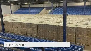 What is happening with the PPE stockpile at PA Farm Show Complex?