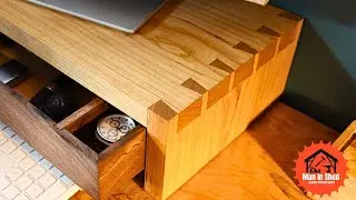 Hand Tool Woodworking project. Cherry Monitor/Laptop Stand With Continuous Grain Walnut Drawer.