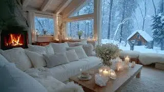 🌸🎹 Flickering Candlelight & Peaceful Winter Piano | 5H Snowfall Outside White Lounge | Stress Relief
